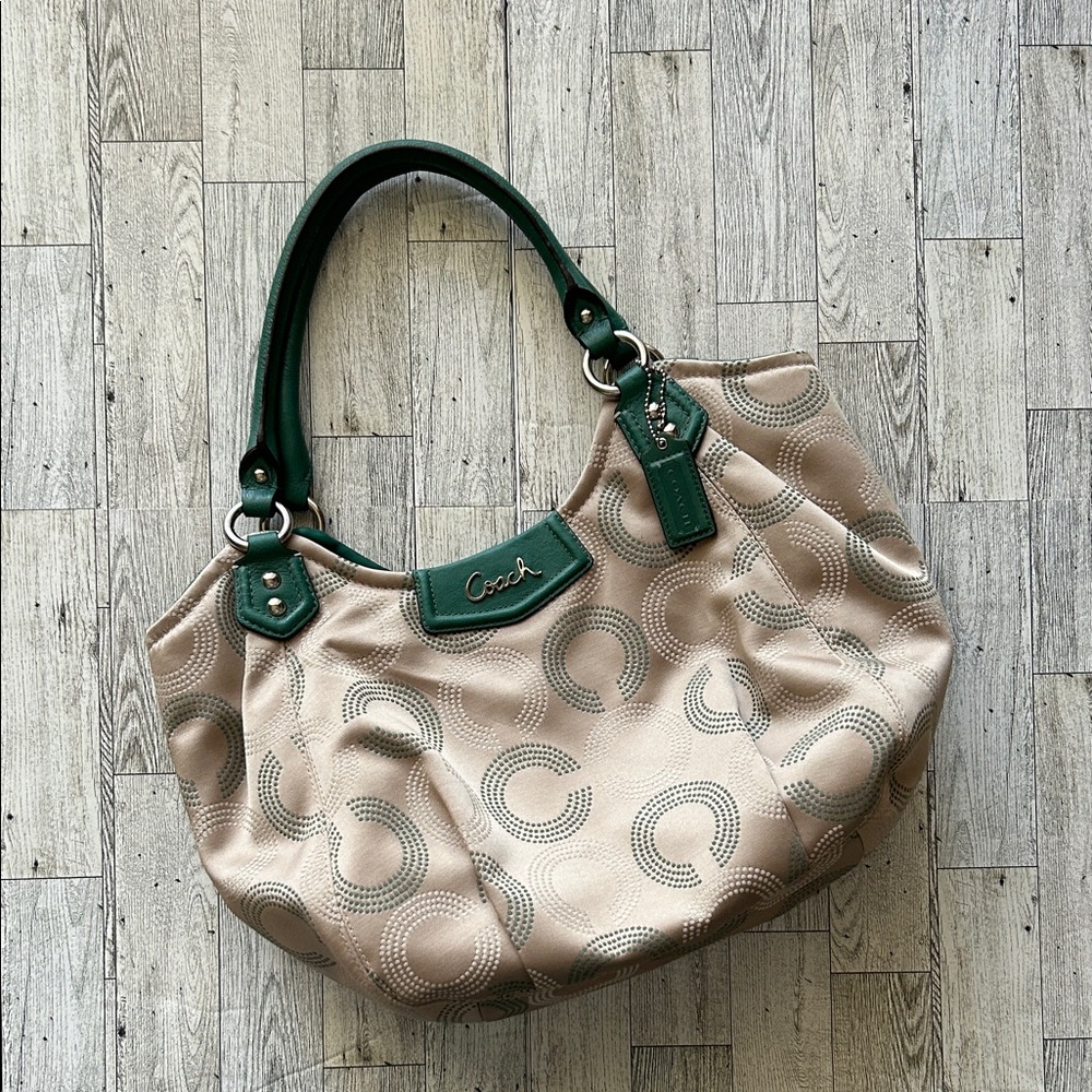 Coach Factory Ashley Dotted op art Tan and Green Shoulder Bag 2014